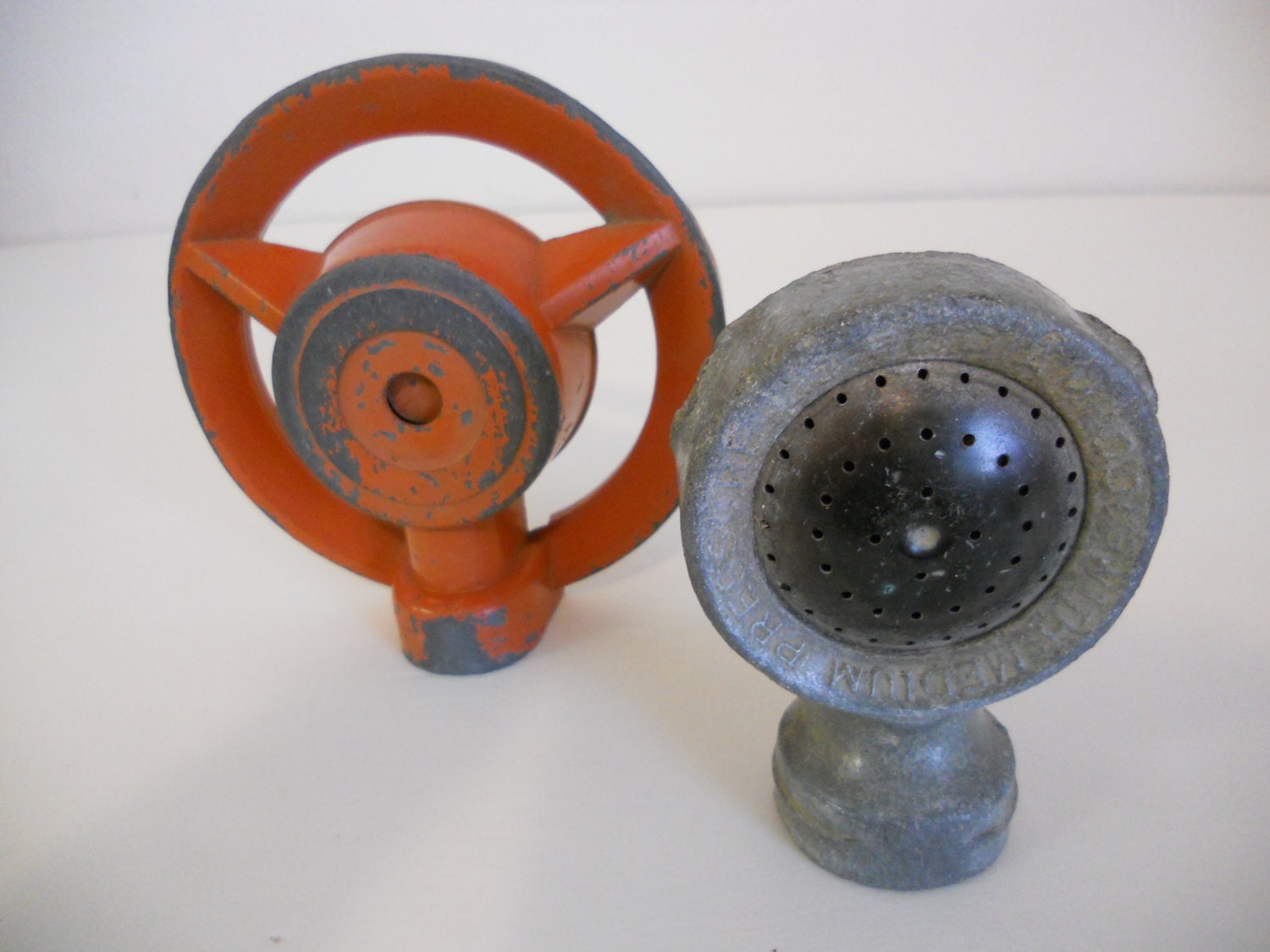 Two Vintage Metal Garden Hose Sprinkler Heads by simplefolksue