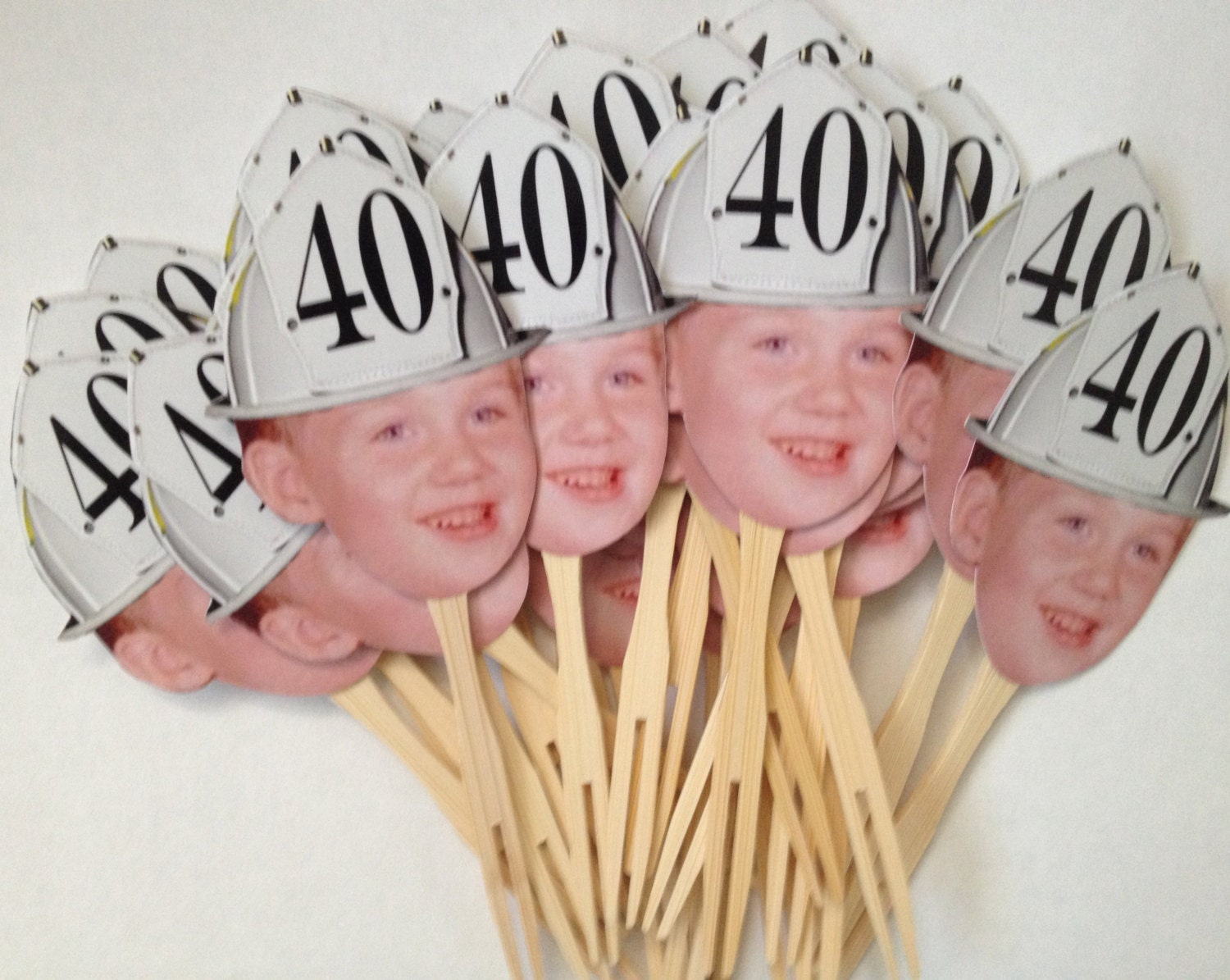 Personalized white Fireman hat photo birthday cupcake toppers