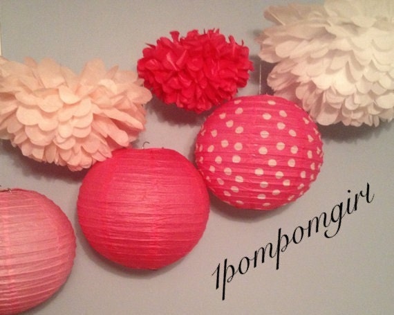 Pretty as a Princess   3 Tissue Paper Pom Poms & 3 Paper Lanterns (Pink)