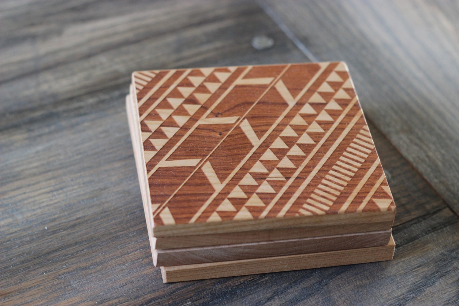 Tribal Aztec Pattern Modern Wooden Engraved Set of 4 Coasters