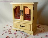 Art Deco style yellow painted jewellery armoire cabinet box storage with drawer & French doors, shabby chic vintage upcycled furniture