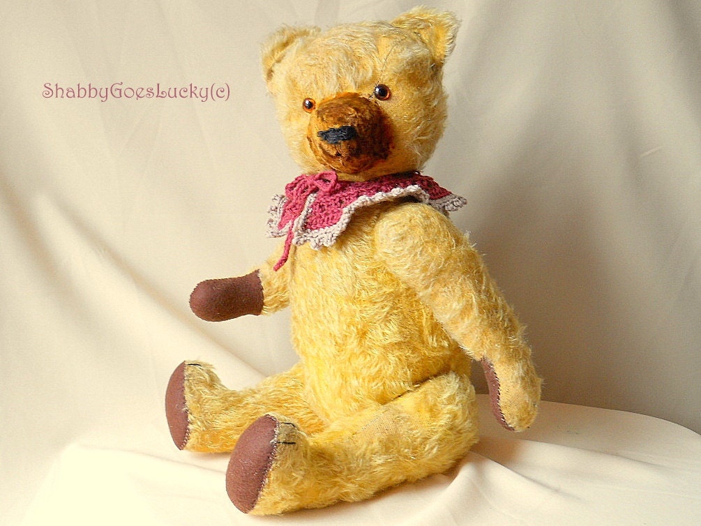 Antique German teddy bear, 1930s Thuringian golden yellow large hard stuffed fully jointed mohair bear w glass eyes & velvety inset muzzle