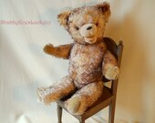 German vintage teddy bear, 1960s large friendly hard stuffed fully jointed mohair bear with glass eyes, hump & open mouth