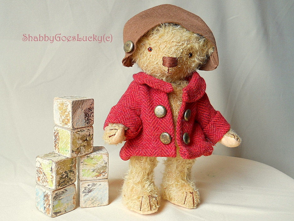 Artist teddy bear, ooak antique style hard stuffed small old school mohair bear with red jacket & hat, shabby style artist bear