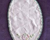 Vintage Oval Hand Embroidered Doily with Floral Motif and Lace Edges 1950s