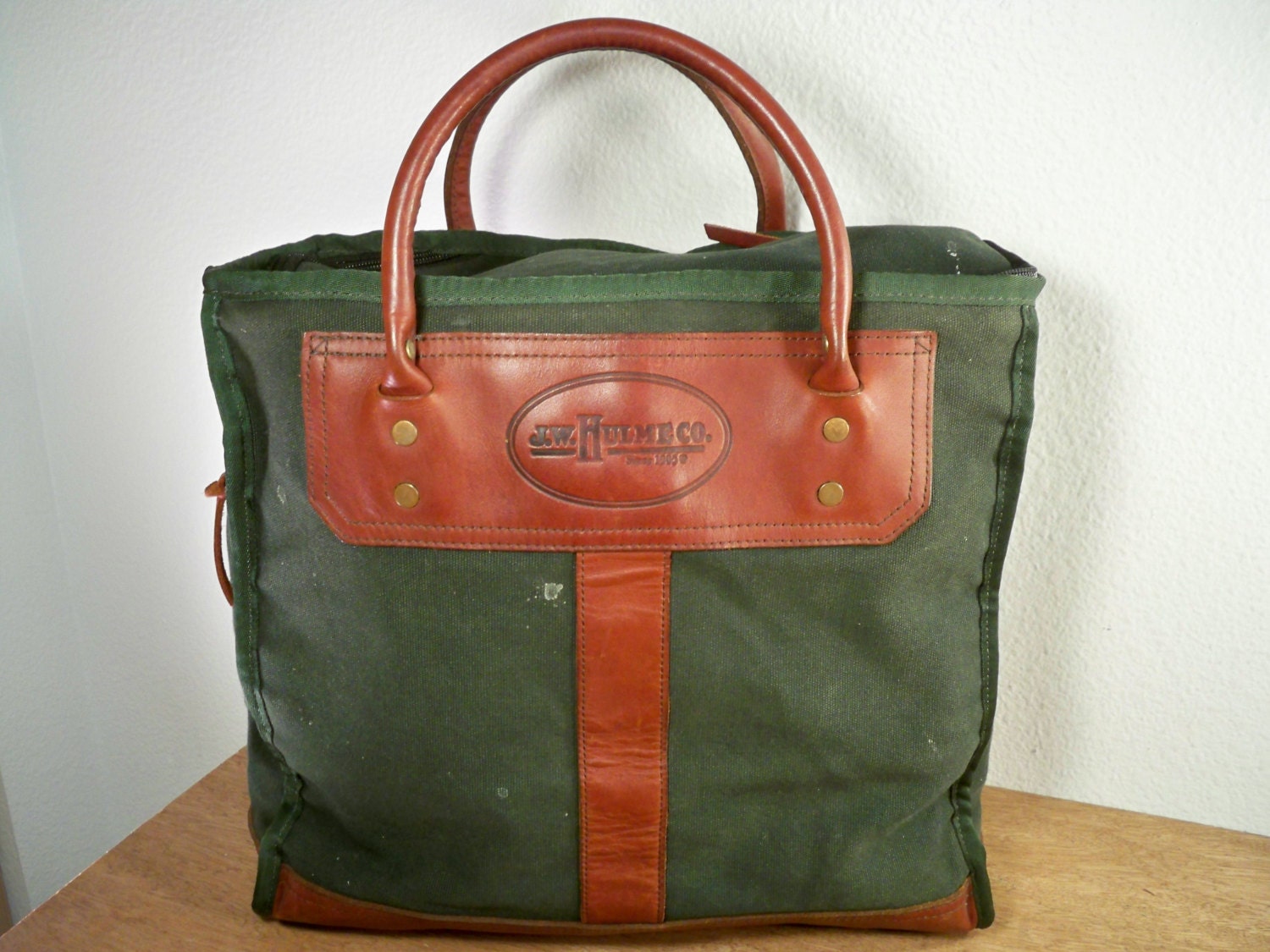 Classic J W Hulme Zippered Brown Leather & Green Canvas Ammo Shell Birding Hunting Book Bag Tote Made in USA