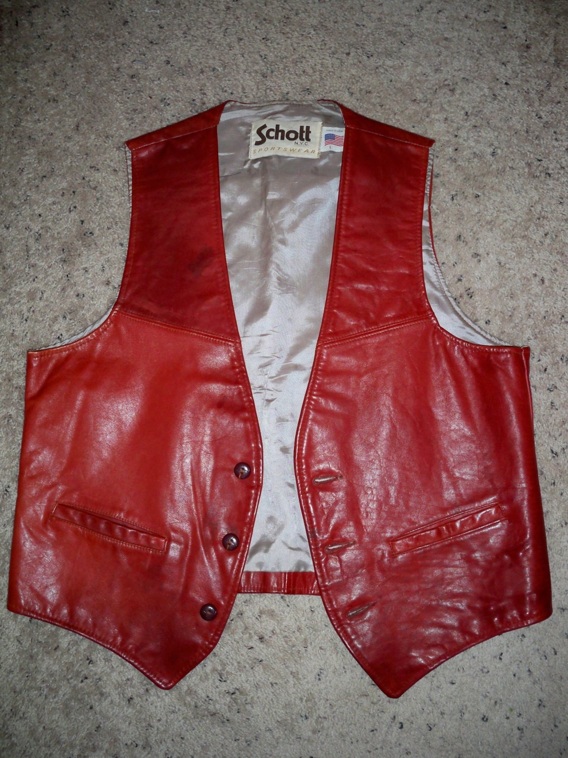 Vintage Schott New York City Sportswear Brown Leather Biker Riding Motorcycle Chopper Vest Made in USA Size Large