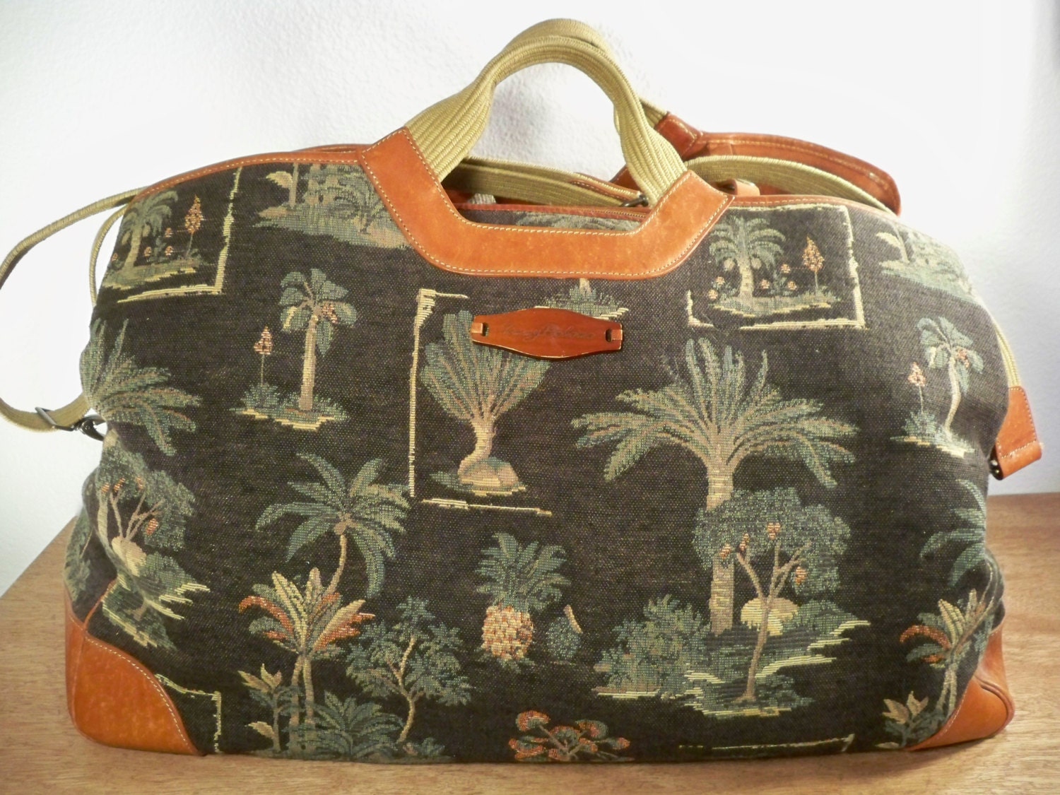 Vintage Tommy Bahama Brown Leather & Floral Weekender Travel Beach Tapestry Shopping Bag Tote Purse