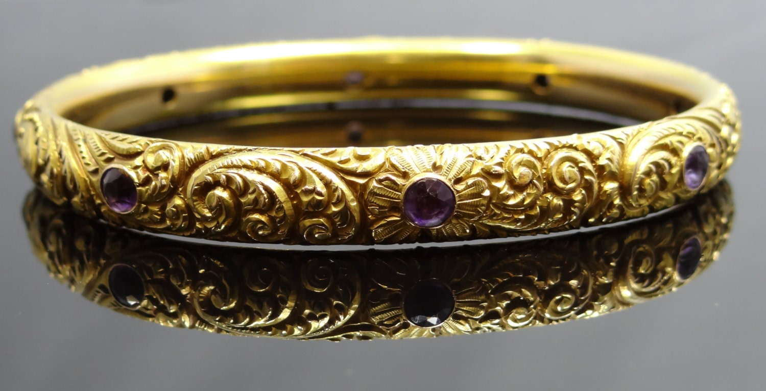 Spectacular 14K Chased Victorian Amethyst Bangle Bracelet - BGAM100P