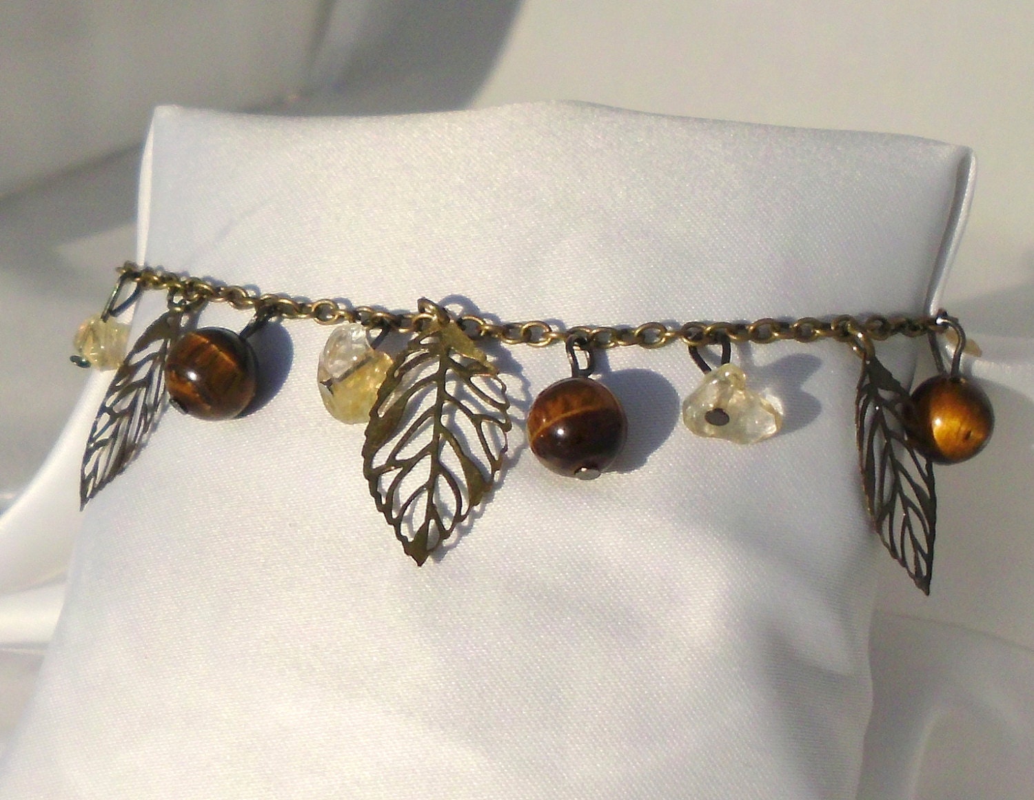 Antique Gold Charm Bracelet, Tiger's Eye, Quartz Chips, & Filigree Leaves, "Hazel"