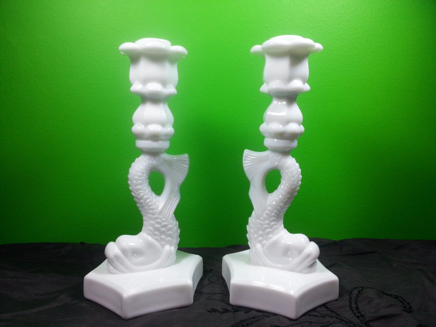 Pair of Vintage Westmoreland Milk Glass Dolphin Candlestick Holders