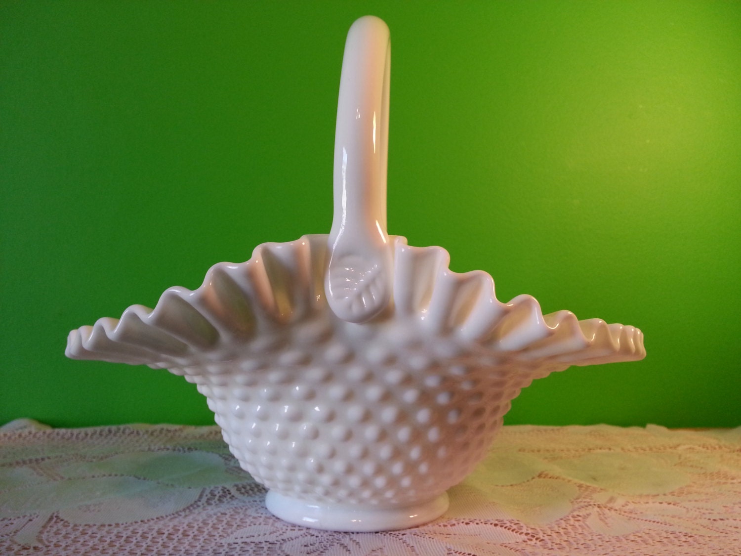 Vintage 9" Fenton Hobnail Milk Glass Ruffled Edge Basket - Brides Basket