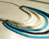 Eco friendly fashion urban multi strand ombre necklace. Dark blue,neon blue, neutral, natural cotton rope, black colored chain.