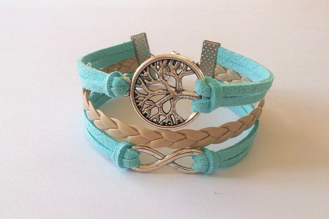 Karma Bracelet / Mint Green Bracelet / Antique Silver Bracelet, Family Tree Jewelry,Leather Bracelet