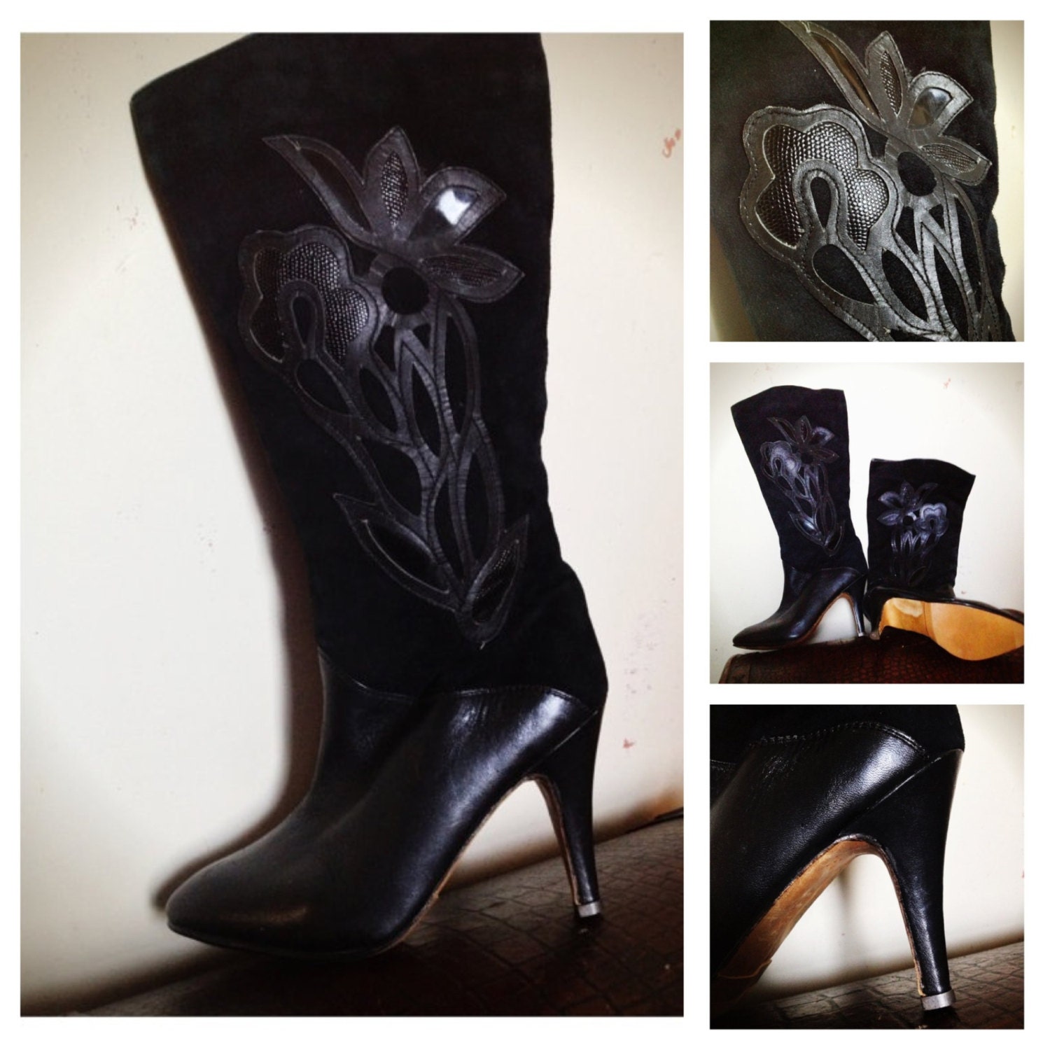 Vintage European Black Leather and Suede boots with Tooled design, stiletto heel, rocker boots, genuine leather, retro shoes, knee high boot