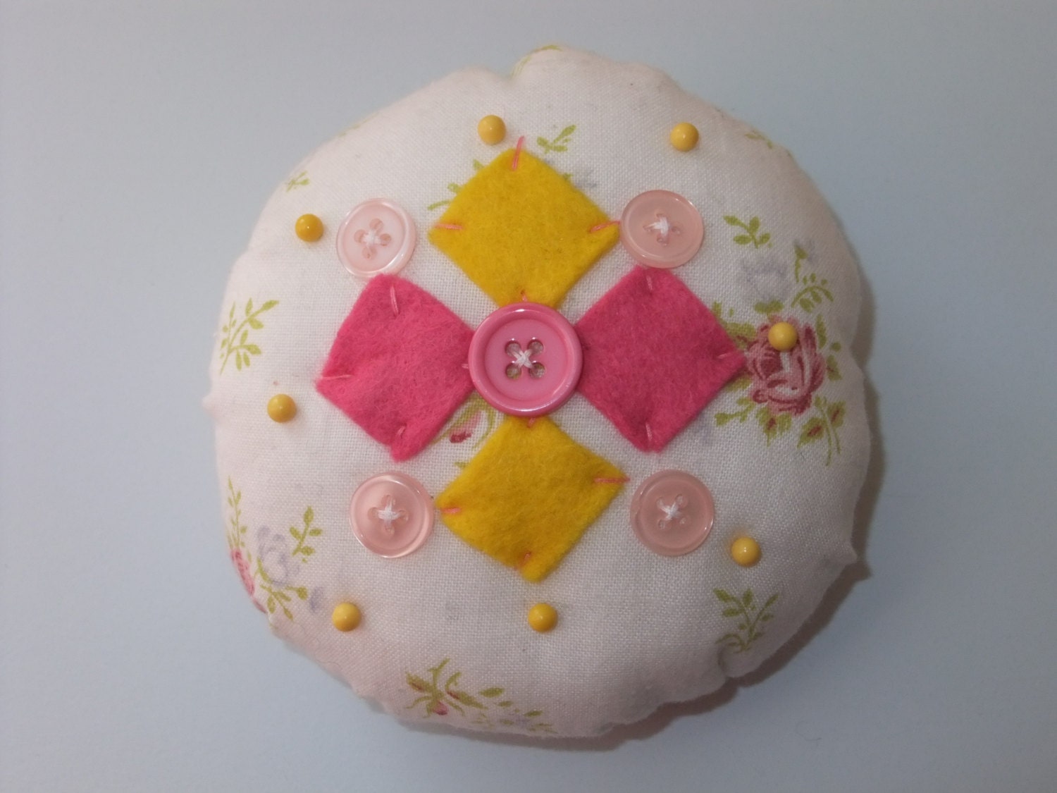 White, Pink and Yellow Vintage Fabric Pin Cushion