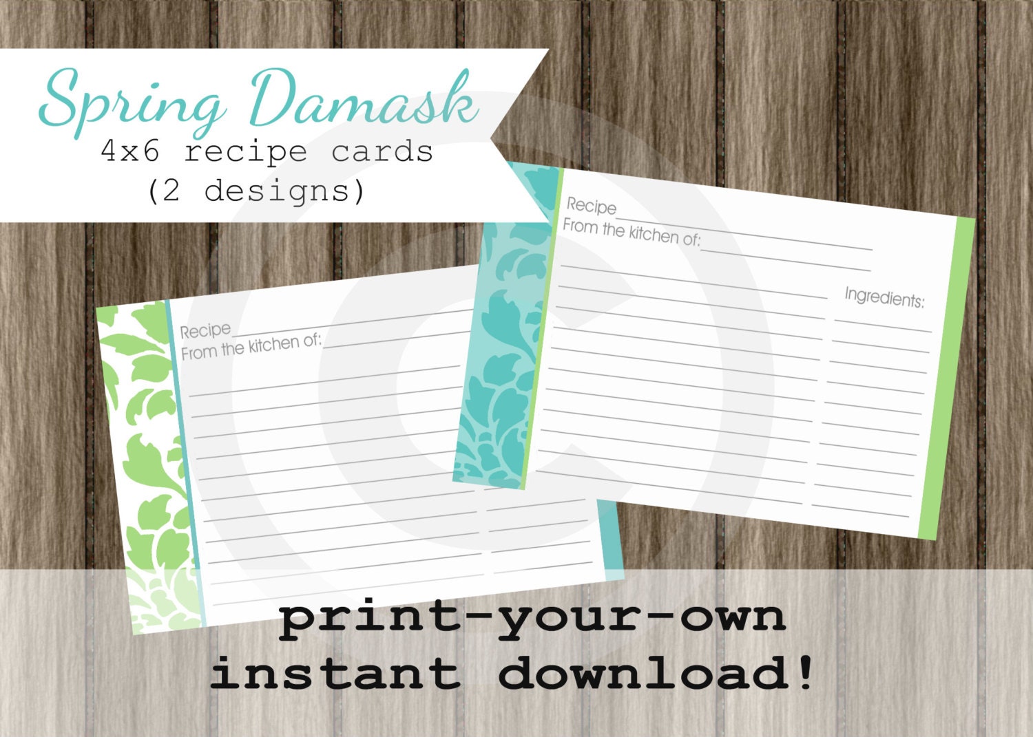 Recipe Cards DIY printable turquoise and lime green  INSTANT DOWNLOAD digital Print Your Own 4x6
