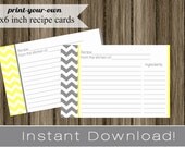 Printable Recipe Cards DIY yellow and gray chevron INSTANT DOWNLOAD digital Print Your Own 4x6 inch Il_170x135