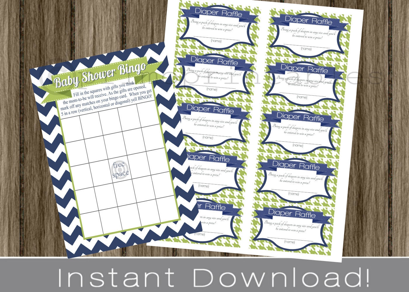 Baby Shower Bingo Game Cards and Diaper Raffle Tickets navy blue chevron and green INSTANT DOWNLOAD diy digital printable file