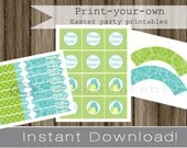 Easter Party Printables cupcake wrappers and square toppers, straw flags INSTANT DOWNLOAD turquoise and green DIY decorations Il_170x135