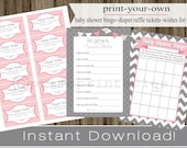 Baby Shower Bingo Game Cards, Diaper Raffle Tickets, Wishes for Baby gray chevron and pink INSTANT DOWNLOAD diy digital printable file Il_170x135
