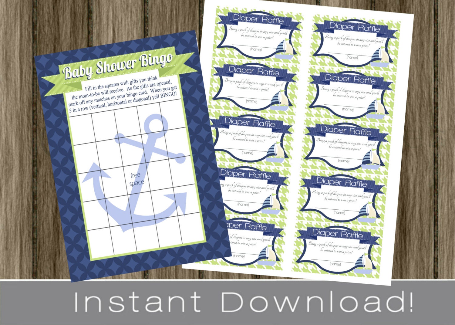 Nautical Baby Shower Bingo Game Cards and Diaper Raffle Tickets blue and green INSTANT DOWNLOAD diy digital printable files Il_170x135