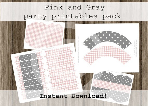 Pink and Gray Party Printables cupcake wrappers INSTANT DOWNLOAD DIY decor treat boxes straw flags wraps baby shower decorations Il_570xn