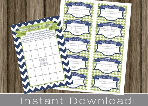 Baby Shower Bingo Game Cards and Diaper Raffle Tickets navy blue chevron and green INSTANT DOWNLOAD diy digital printable file Il_570xn