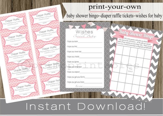 Baby Shower Bingo Game Cards, Diaper Raffle Tickets, Wishes for Baby gray chevron and pink INSTANT DOWNLOAD diy digital printable file Il_570xn