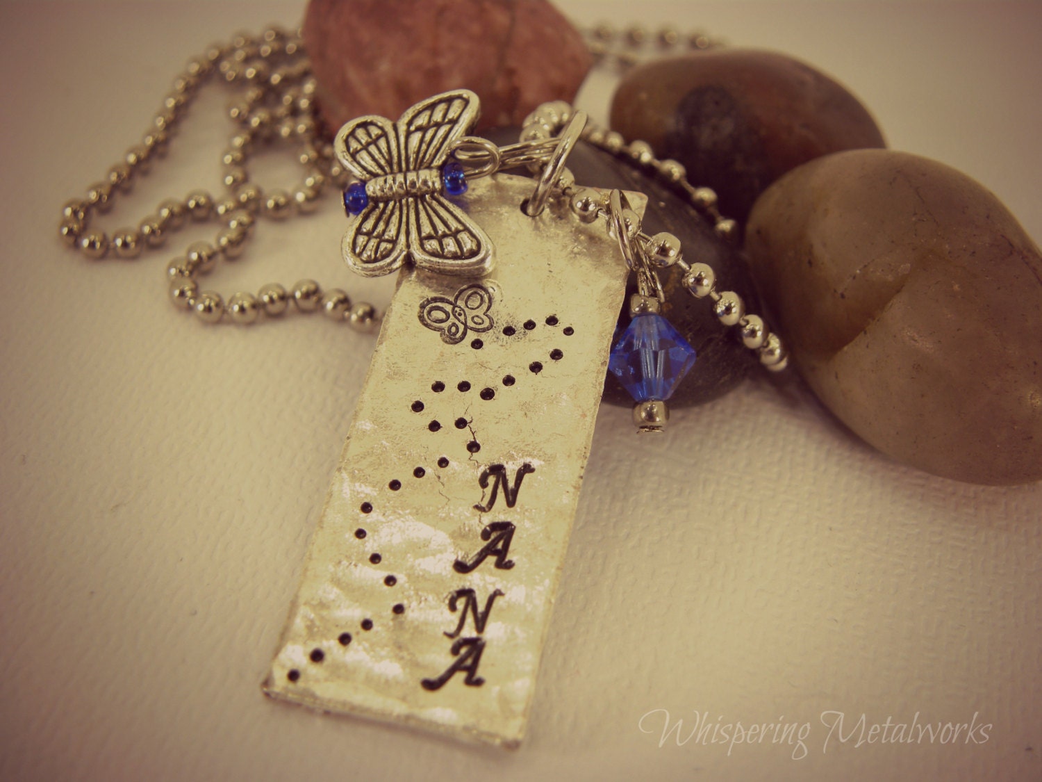Nana necklace silver hand stamped distressed with butterfly charm and blue Swarovski bead