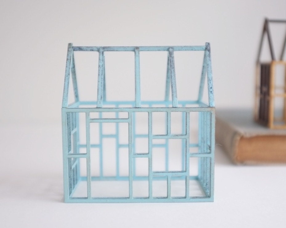 Miniature architectural framework house in pale blue stained birch - 2of2