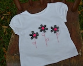 New Summer Girls Ribbon Flower T Shirt with Hand Embroidery Pink and Black Polka Dots