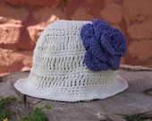 Girls crochet cream summer hat, cotton  hat, handmade, sping hat, sun hat with purple flower, handmade by Elenis 4you