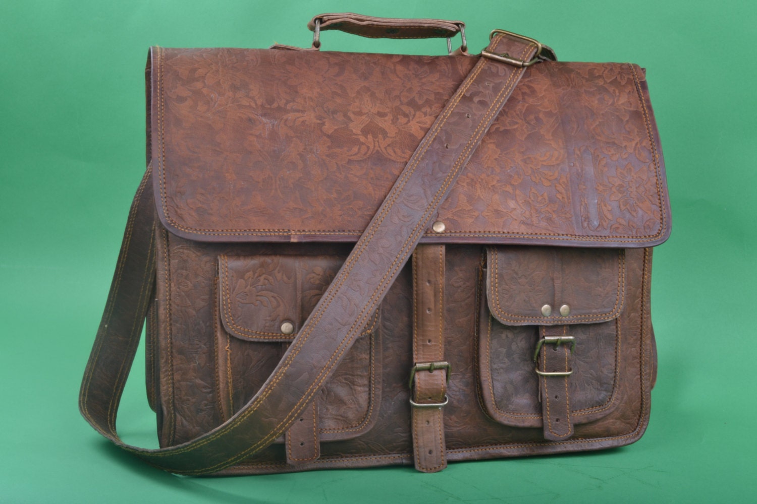 16" inches Embossed Leather Messenger Bag A4  Handmade Soft Leather Men Unisex Ipad Satchel Shoulder Handbags/Bags Pouch/Case For him or her