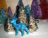Scene Set: Hand dyed white bottle brush trees frosted in Black glitter (3in, 3in, 4in) and Aqua/teal glittered doe (2in)