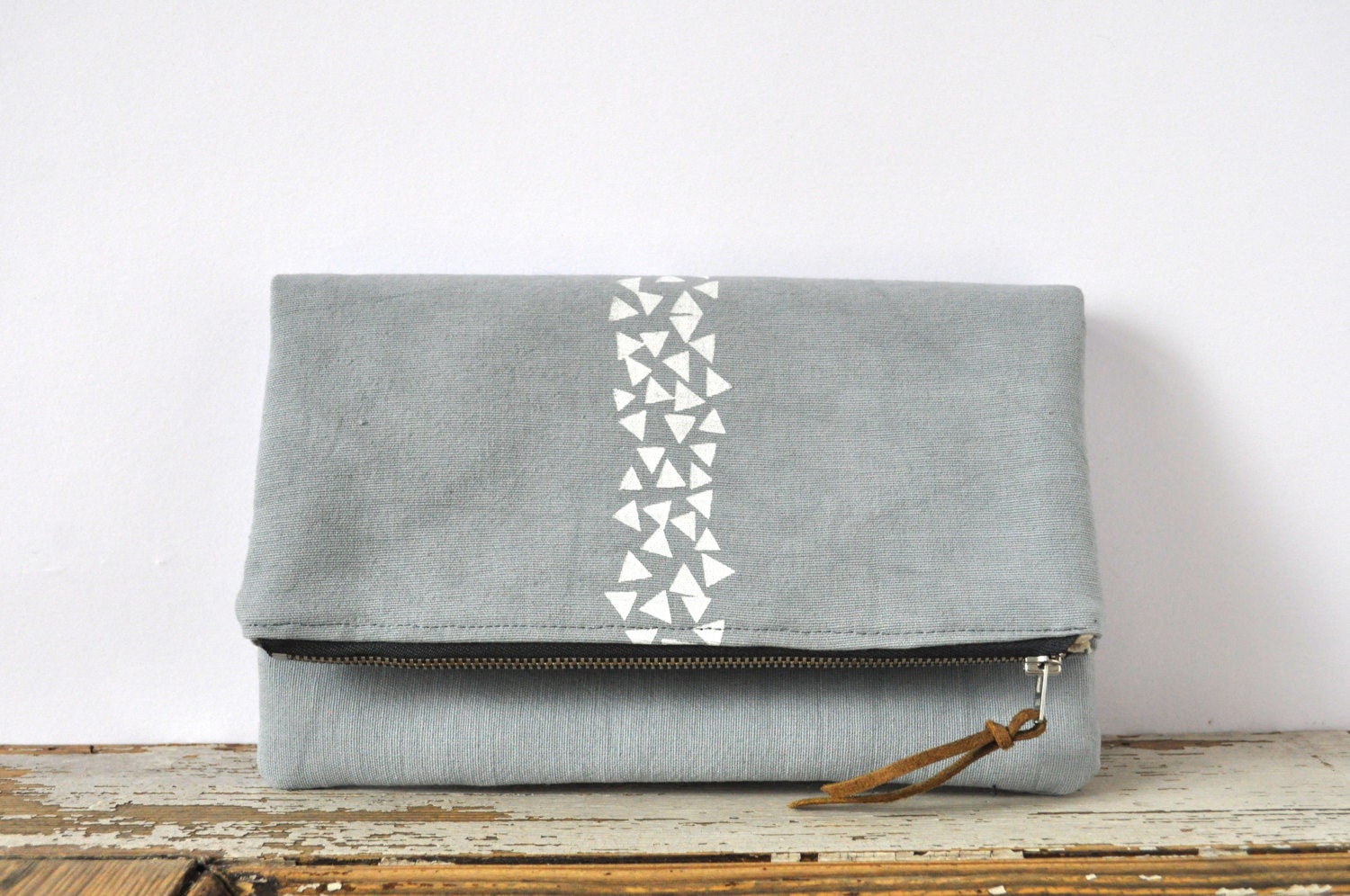 Fold Over Clutch / Large Pouch - Gray and White Triangles - Hand Dyed and Printed Cotton