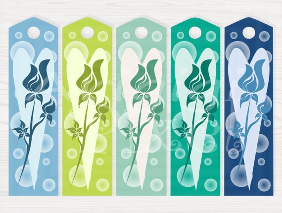 Spring Blue Green Long Gift Tags Bookmarks Holiday Printables Heart and Rose Bud, DIY gift wrapping Il_570xn