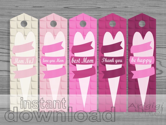 Mother's Day printable bookmark / long gift tag in pink purple long heart wrapped in ribbon motif instant download Il_570xn