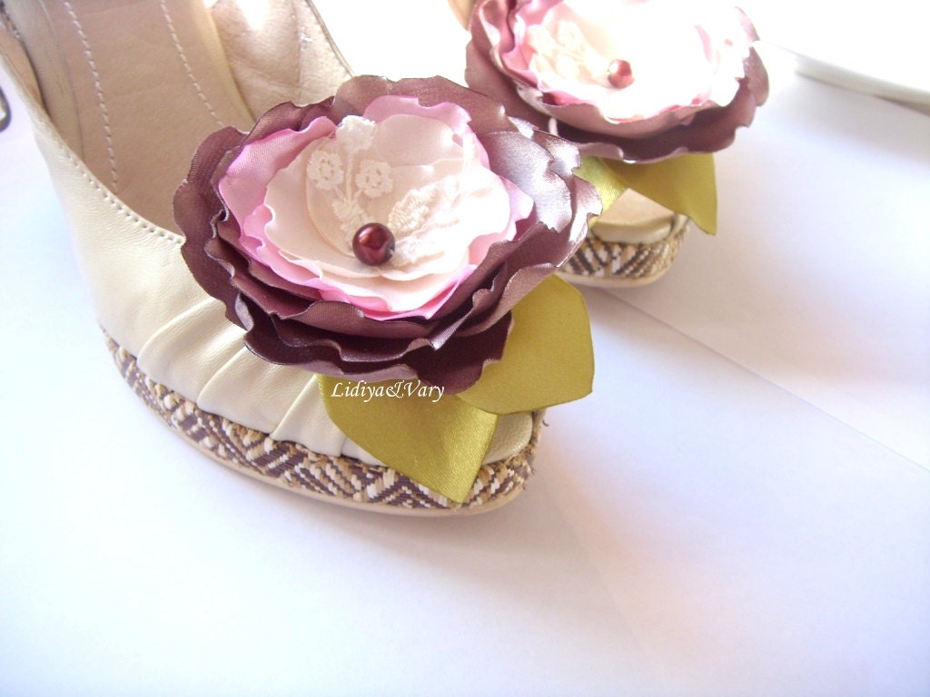 Shoe Clips , Chocolate - pink magnificence , Silk Flower , Handwork , Accessories for women , Shoe Accessories