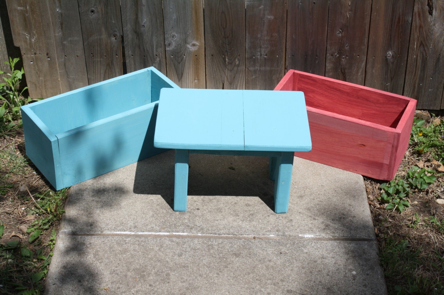 Hand-Made Outdoor Garden Porch Flower Bed Primitive Wooden PLANTER BOX BENCH Lot Red Wash Bright Blue