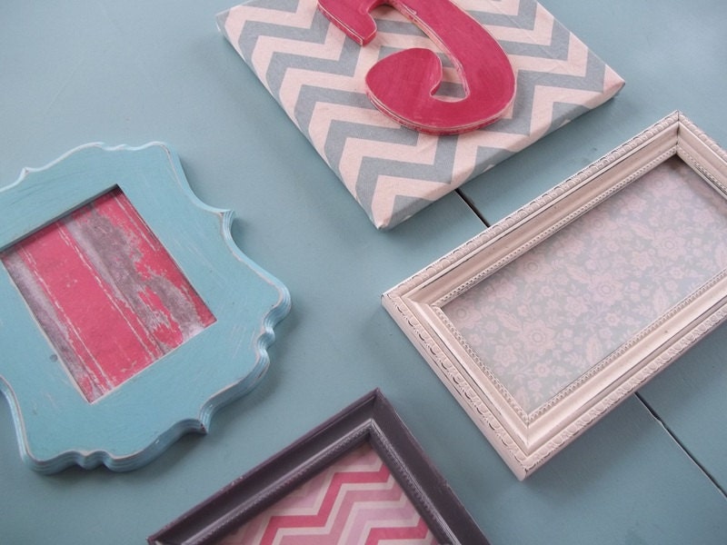 Custom Wall Collage, Set of Frames and Initial Canvas with Chevron Fabric, Home Decor, Wall Decoration