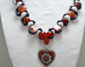Dark red heart necklace with navy ribbon and red and white beads. Beaded ribbon. Adjustable necklace. Anniversary gift. Ships free.