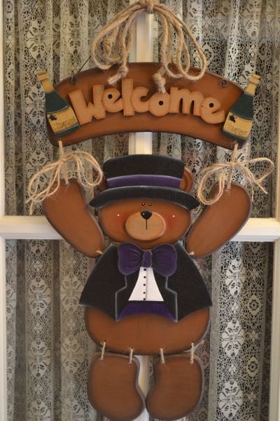 New Year's Outfit for Welcome Bear, Handmade, Home Decor, Door Hanger, Seasonal, Holiday