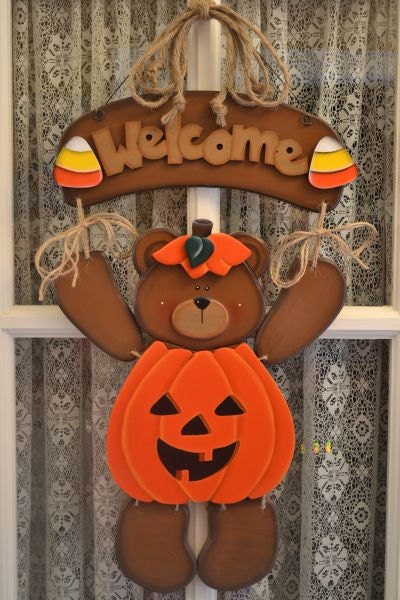 Pumpkin Halloween Outfit for Welcome Bear, Handmade, Home Decor, Door Hanger, Seasonal, Holiday