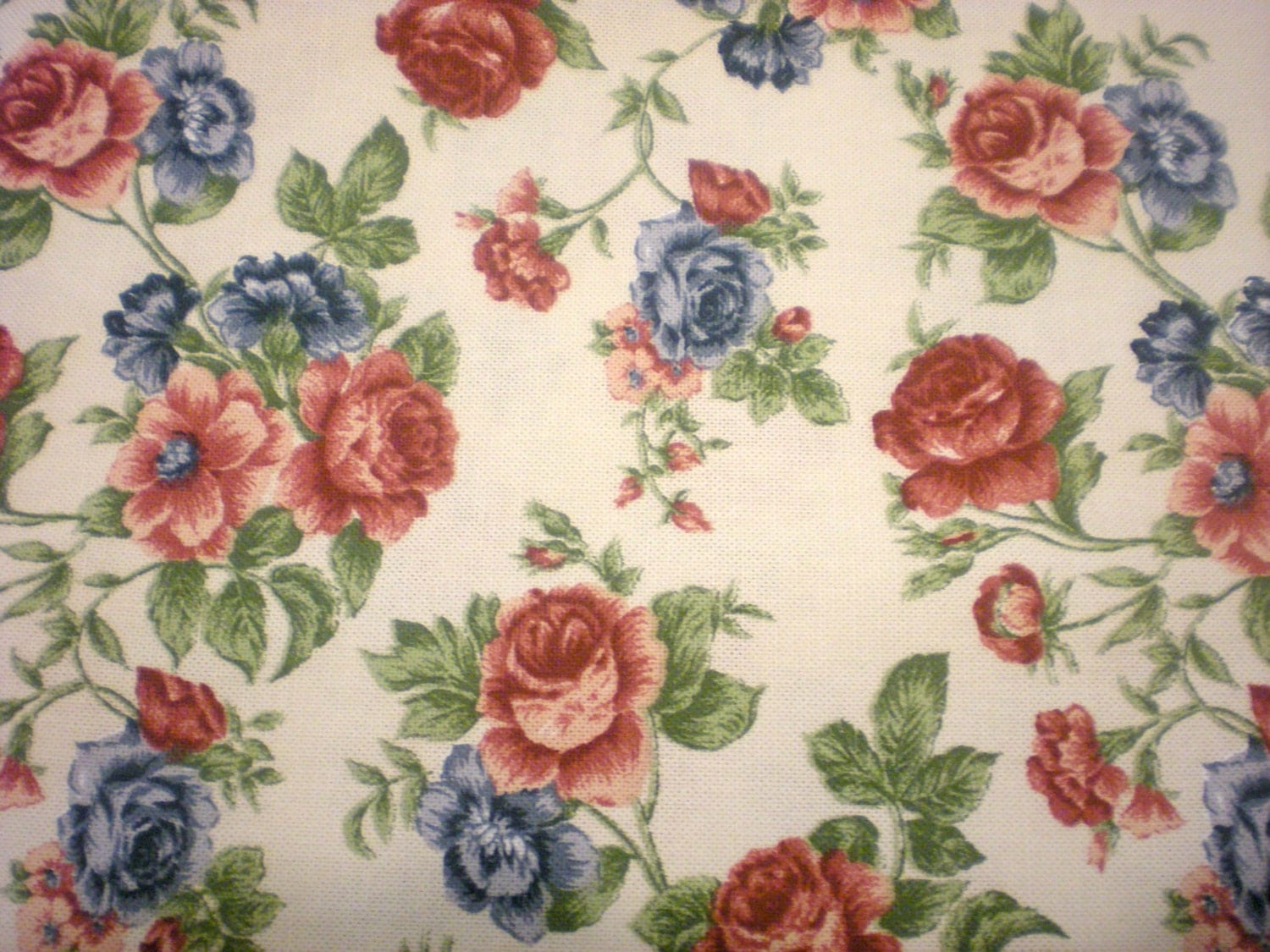 Vintage Chintz Flower Fabric Heavy Blue Red Cream By Majilly