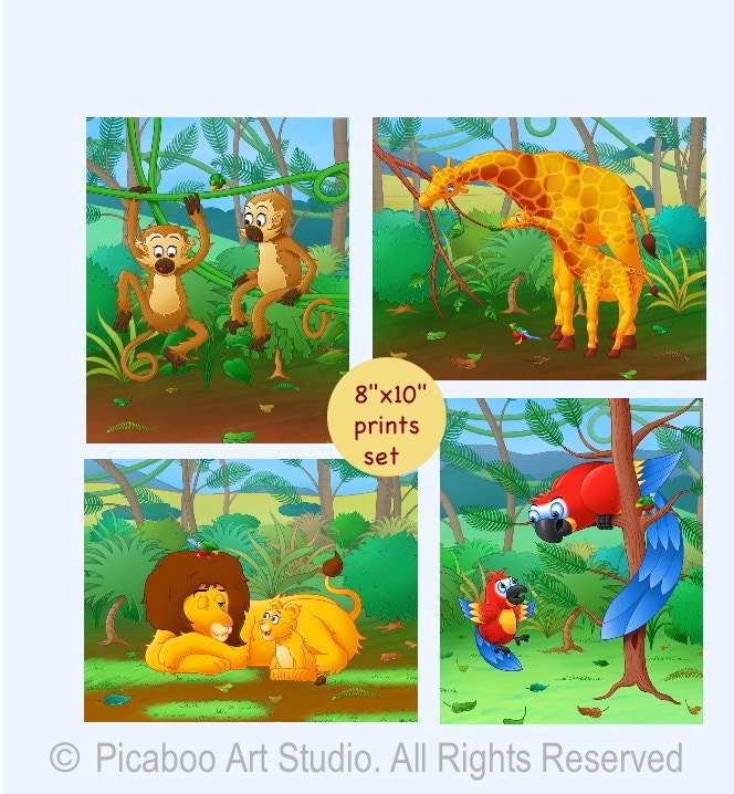 Jungle Nursery Art, monkey,giraffe,lion, parrot baby boy or baby girl nursery decor or toddler art. Set of 4 children nursery prints.