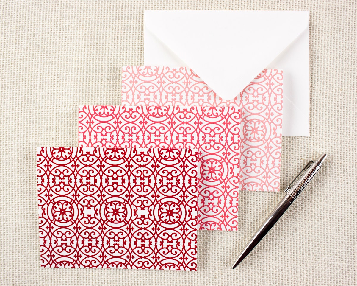 Set of 12 Ornate Lattice Folded Notecards - Pink Trio - Elegant Intricate Pattern Stationery / Stationary Cards - Choose your color palette