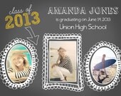 Graduation announcement card, printable. Modern, fun calkboard background. yellow and gray