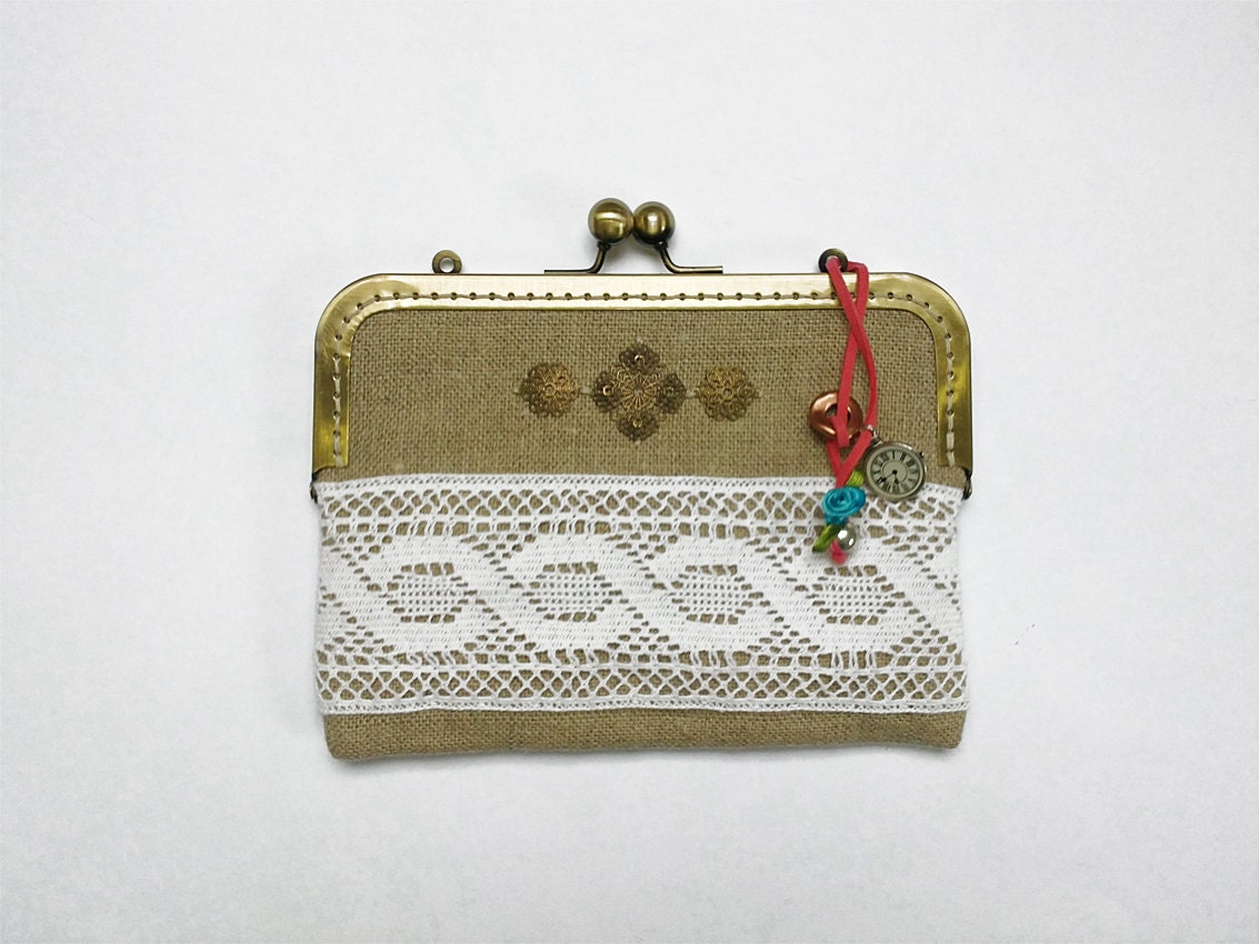 Victorian clutch purse / iphone wallet case - White lace and natural linen - Hand painted turquoise and pink little flowers