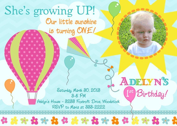 Growing Up Balloons, Kite, Sunshine 1st Birthday Invitation - Printable Il_570xn